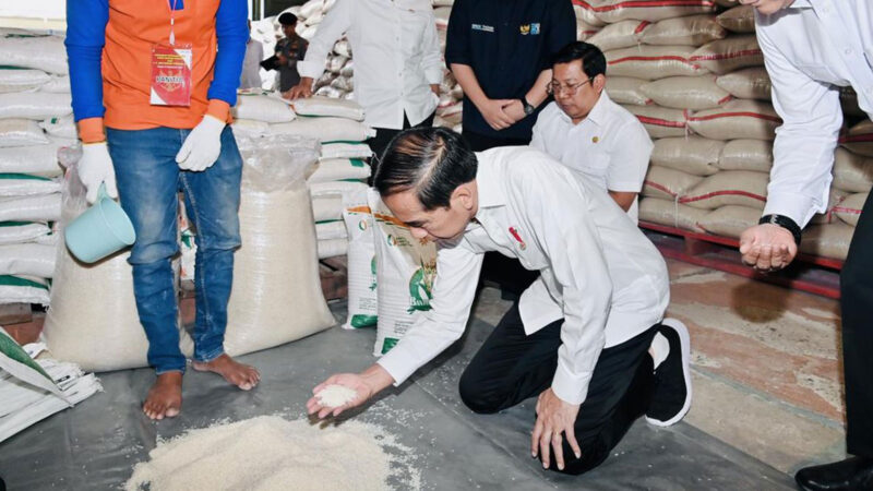 Presiden Joko Widodo (Jokowi) meninjau persediaan beras di Gudang Bulog Dramaga, Kabupaten Bogor, Jawa Barat, Senin (11/9/2023). Foto ilustrasi: Biro Setrpres