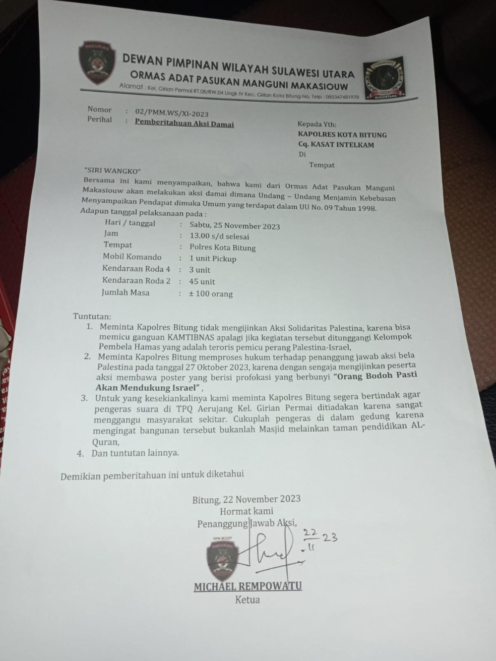 Surat pemberitahuan aksi damai dari ormas adat Pasukan Manguni Minahasa yang beredar di X Twittter