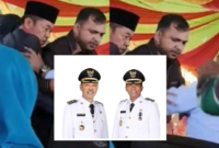 Bupati Rokan Hilir (Rohil), Riau, Afrizal Sintong dan Wakil Bupati Sulaiman terlibat cekcok dan nyaris adu jotos di acara pelantikan Pjs Kades. Foto tangkap layar (Tajukflores.com)
