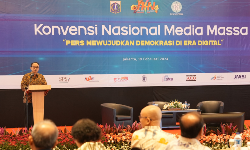Menkominfo Budi Arie Setiadi dalam acara Konvensi Nasional Media Massa dalam memperingati Hari Pers Nasional di Ancol, Jakarta, Senin (19/2/24). Foto: Dewan Pers