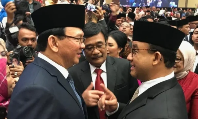 Dua mantan Gubernur DKI Jakarta, Basuki T Purnama (Ahok) dan Anies Baswedan. Foto: Bisnis