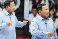 Capres nomor urut 2 Prabowo Subianto saat debat capres perdana pada Selasa malam, 12 Desember 2023. Foto kolase (Tajukflores.com)
